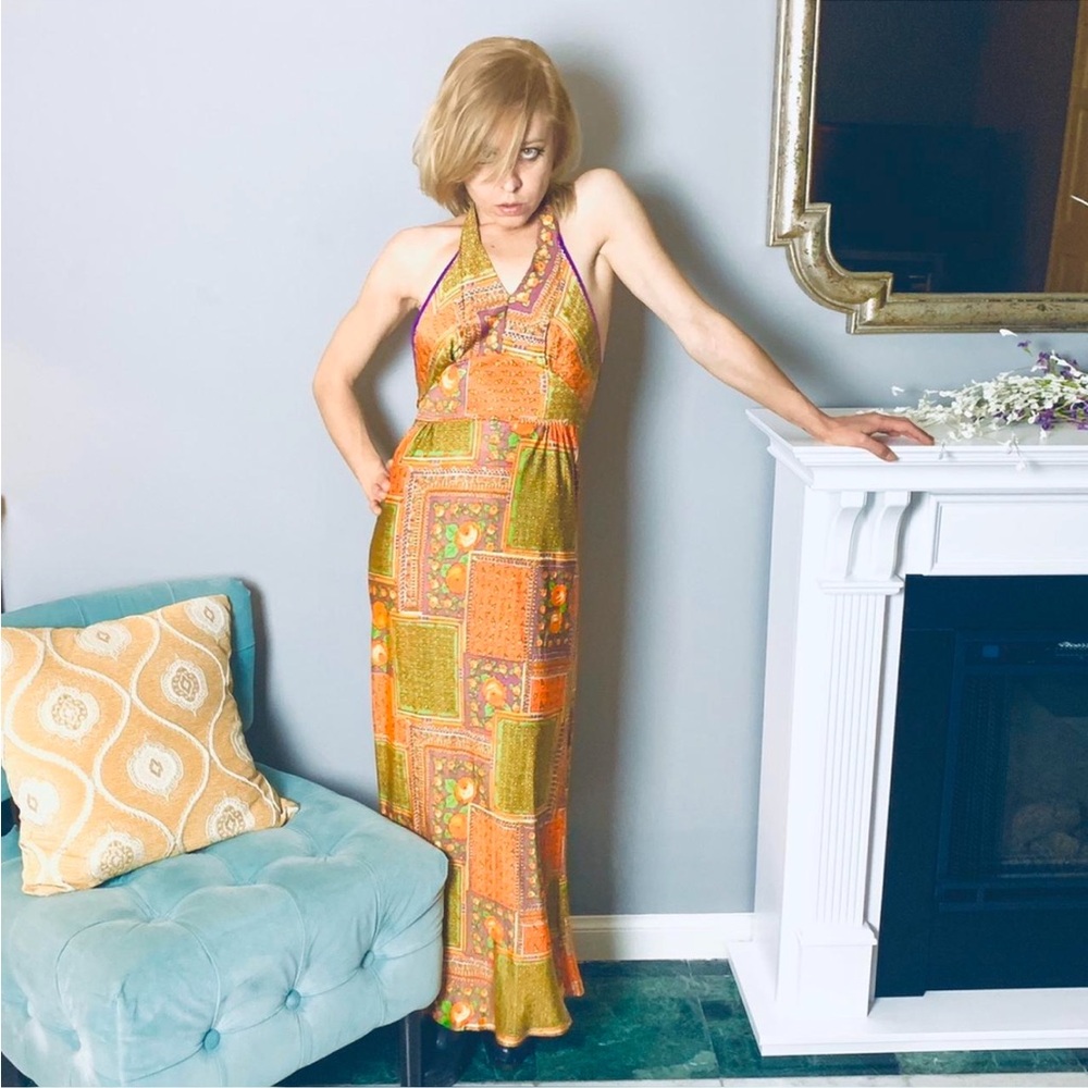 Vintage 1960s Art Deco Style Floral Maxi Dress